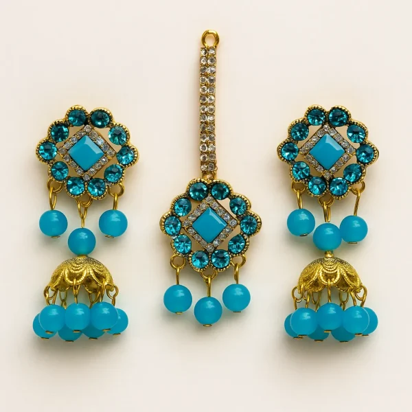 Artificial Jhumkay & Bindya Set With Blue Stones – Ethnic Jewelry For Women
