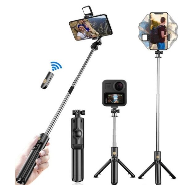 R1s Selfie Stick With Tripod | Bluetooth Foldable Selfie Rod With Remote Control For Phone Action Camera Iphone with Flash Light
